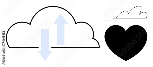 Cloud with arrows pointing up and down signifying data transfer, paired with a heart and smaller cloud. Ideal for technology, data storage, love, emotions, connectivity, simplicity, flat metaphor