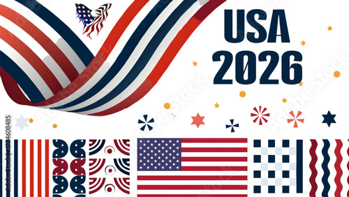 Usa patriotic design featuring waving flag stripes, eagle, usa text, and various flag patterns