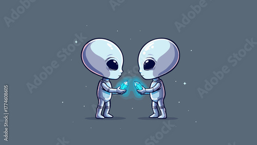 Two cute aliens share a glowing object in a cartoon style illustration