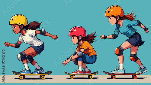 Three skater girls skateboarding with safety gear on a blue background