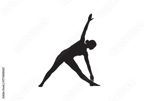 A black silhouette of a woman in a yoga studio performing the triangle pose, with one arm extended upwards.