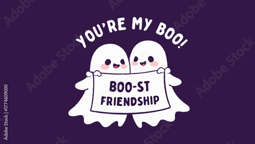 Cute halloween ghosts holding a banner with boost friendship text illustration