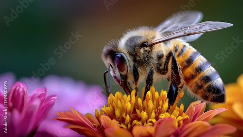 Bee pollinating colorful flowers closeup sunlight nature