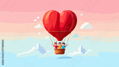 People enjoying a hot air balloon ride with heart shaped balloon