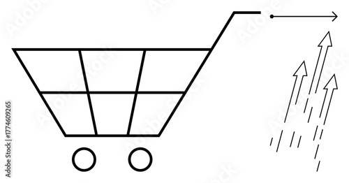 Shopping cart and ascending arrows indicating progress, e-commerce growth, financial success, marketing improvement, or revenue. Ideal for business strategy, sales, e-commerce trends, online