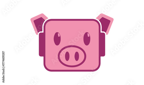 Cute pink square pig face with headphones icon