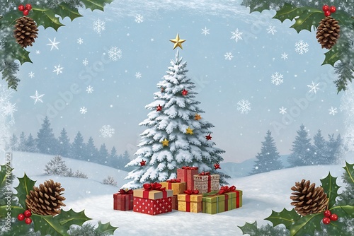 Snowy christmas tree surrounded by gifts in a winter wonderland