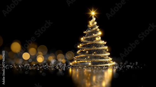 Goldener Weihnachtsbaum mit Bokeh-Lichtern im Hintergrund