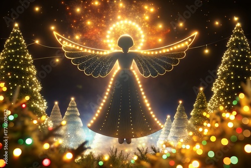 Illuminated angel figure amidst twinkling christmas trees and lights