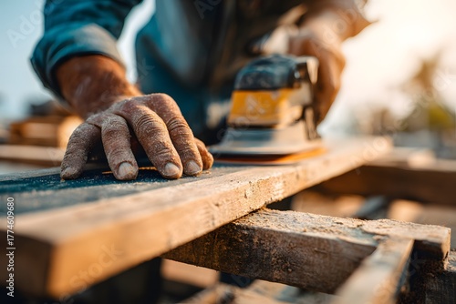 Carpenter Sanding Wooden Plank, Realistic Workshop Scene
