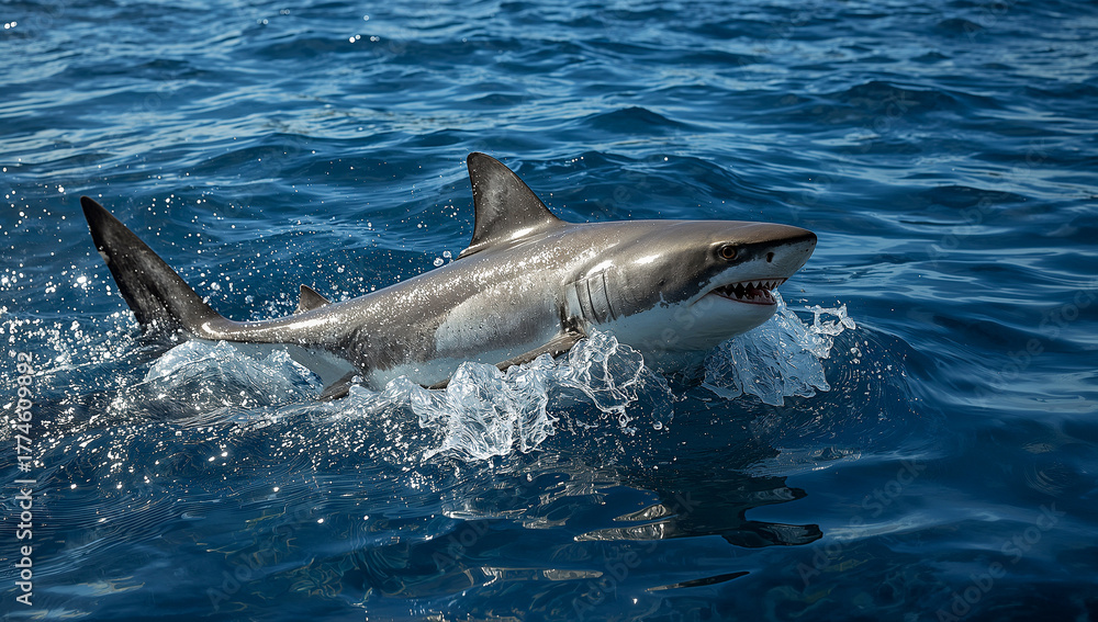 Fototapeta premium Great white shark jumping out of the ocean
