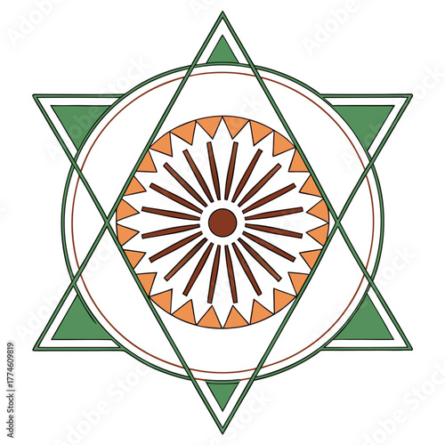 Geometric illustration of the ashoka chakra, , a symbol representing the dharma chakra in buddhism and featured on the indian flag, with star