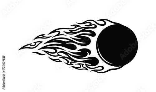 Stylized black silhouette of a fiery comet or meteor streaking through space