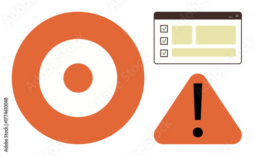 Target icon, checklist in browser window, and warning exclamation inside a triangle. Ideal for focus, prioritization, task management, alerts, goals planning minimal communication. Simple flat