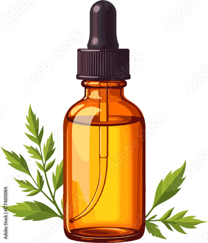 Amber glass essential oil dropper bottle surrounded by herbs, representing organic beauty care, aromatherapy, and natural healing