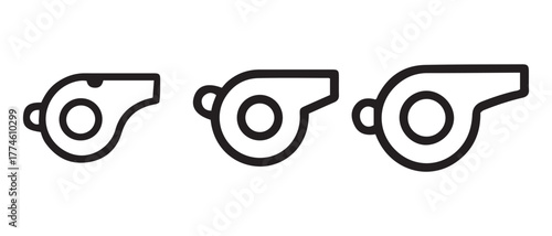 Whistle Icon Set. Black Outline Variations of Sports and Referee Whistles for UI and Game Design.