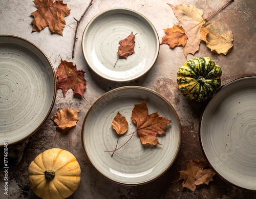 Autumnal Table Setting with Leaves and Pumpkins.