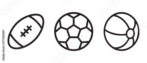 Sports Ball Outline Icon Set. American Football, Soccer Ball, and Beach Ball in Minimal Line Style.