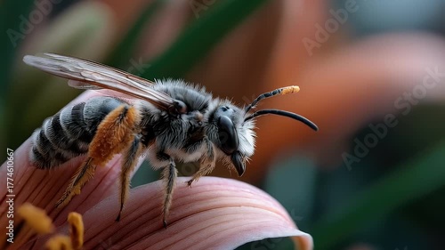 Bee resting on flower petal macro shot