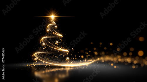 Abstrakt leuchtender goldener Weihnachtsbaum mit Sternenstaub und Lichteffekten vor schwarzem Hintergrund