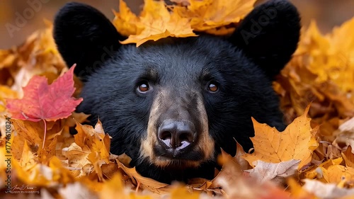 Black bear head surrounded by autumn leaves in natural habitat