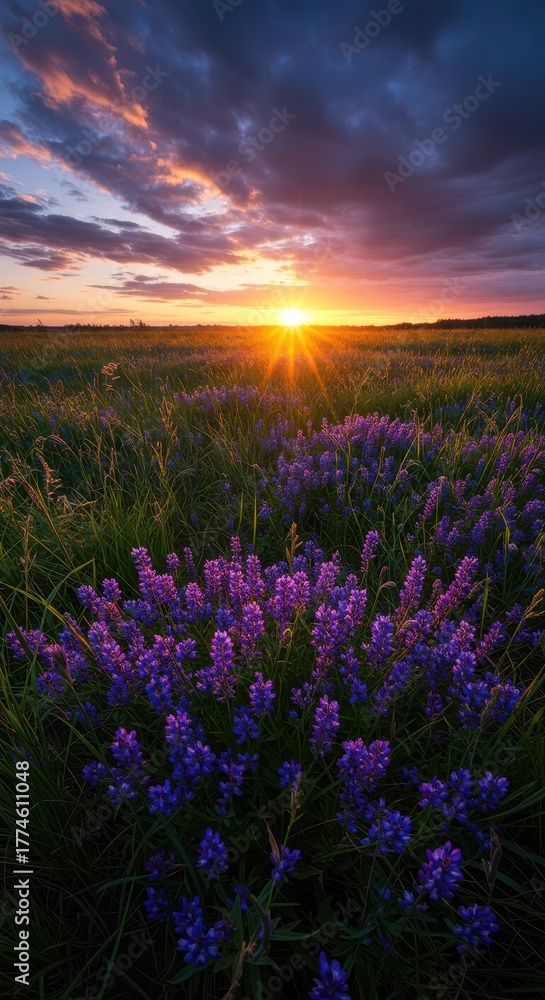 Obraz premium Brilliant golden hour light illuminates a sweeping meadow covered in vibrant violet-blue wildflowers under a stunning, colorful evening sky ,outdoors ,light ,Landscape