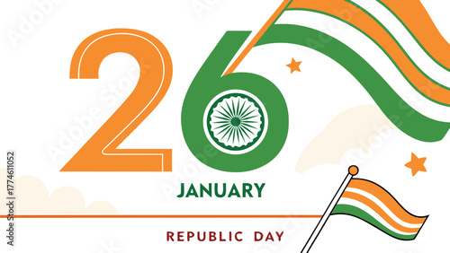 Festive republic day greeting with tricolor flag, ashoka chakra, and 26 january text, perfect for celebrating indias national pride