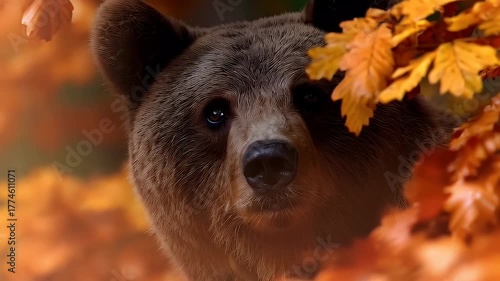 Brown bear autumn leaves forest wildlife close up portrait