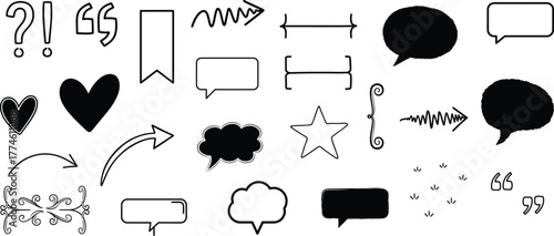 Hand Drawn Doodle Elements Set Vector Pack Decorative Arrows Hearts Speech Bubbles Brackets and More for Sketching and Bullet Journals