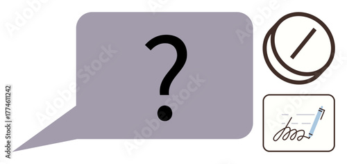 Purple speech bubble with question mark, pen signing document, circled slash. Ideal for communication, uncertainty, decision-making, dialogue, inquiry problem-solving abstract concepts. A simple