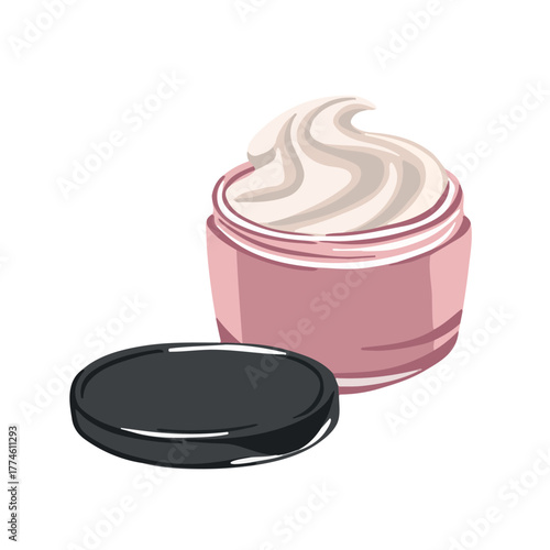 Open pink jar with face and body cream, cosmetics
