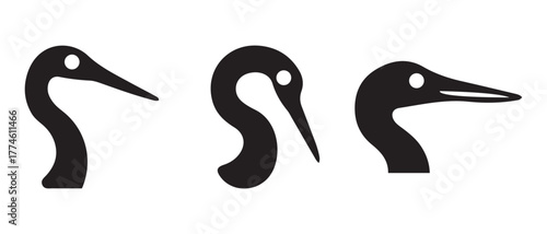 Bird Head Silhouette Icons. Minimalist Black Profiles with Distinct Beak Shapes for Nature and Logo Design.