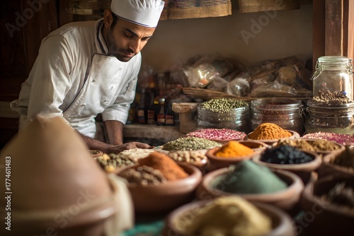 Chef Preparing Traditional Cuisine in Small Kitchen, Vibrant Spices