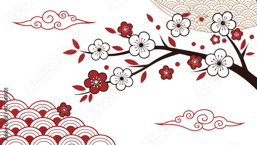 Elegant cherry blossom branch with red and white flowers, traditional wave pattern, and swirling clouds, creating a serene asianinspired design