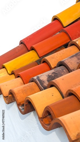 Close-up of Colorful Clay Roof Tiles in Rows.