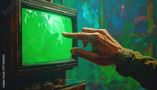 Close-up of an aged hand touching a classic, outdated TV screen glowing green, set against a blurry, colorful backdrop