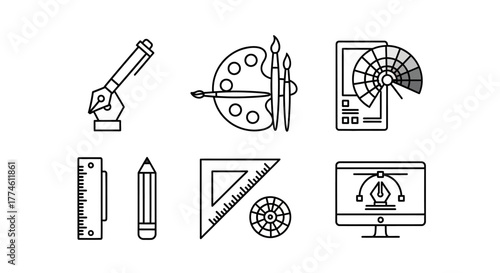 Set of graphic design icons featuring drawing tools, digital design equipment, and measuring instruments