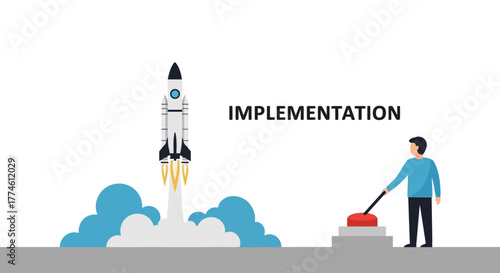 Implementation Launch Rocket Taking Off with Activation Button
