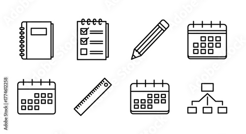 Collection of line icons representing business planning, scheduling, and organization tools