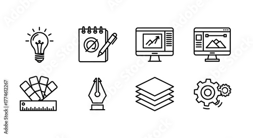 Collection of graphic design elements and tools, including a lightbulb, monitor, and paint palette
