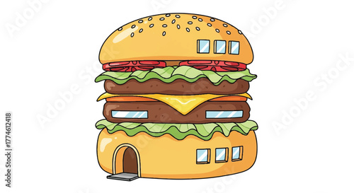 Illustration of a cartoon hamburger with a door and windows on a plain white background.