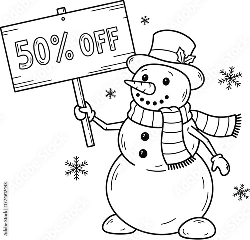 Cheerful snowman offers a fifty percent off winter discount
