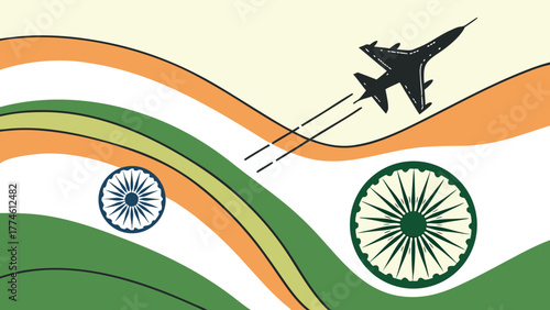 Commemorating republic day in india with an airplane soaring above the tricolor flag and ashoka chakra