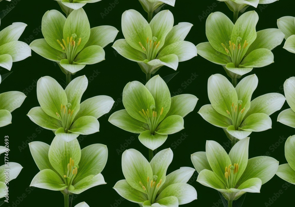 Obraz premium A seamless repeating pattern of stylized white and green lily flowers creating an elegant floral background design element, seamless, simple, repeating