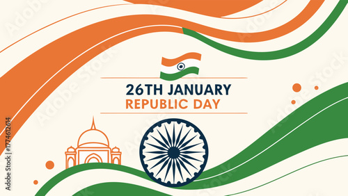 Elegant republic day banner featuring the taj mahal and the ashok chakra, adorned with orange, white, and green waves