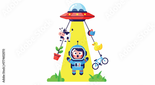 A cartoon astronaut in a blue suit stands under a UFO with a bicycle, plant, and other objects suspended around it on a green lawn.