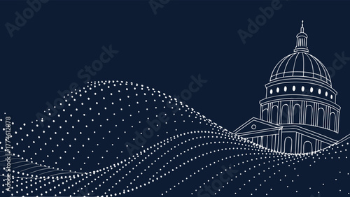 Illustration of a government building with a dome, rendered in a minimalist white line drawing style against a dark blue background, evoking a sense of digital architecture and modern design