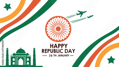 Republic day illustration with the taj mahal, ashoka chakra, and fighter jets on a, celebrating indias national holiday with patriotic symbols and colors