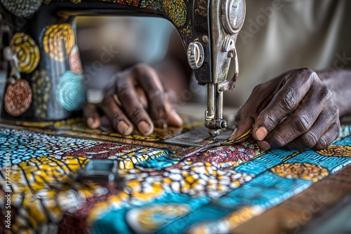 African Tailor Sewing Colorful Fabric on Vintage Machine, Authentic Atelier