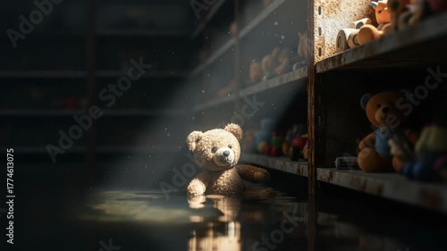 Abandoned teddy bear sitting in water under soft light in empty shop  